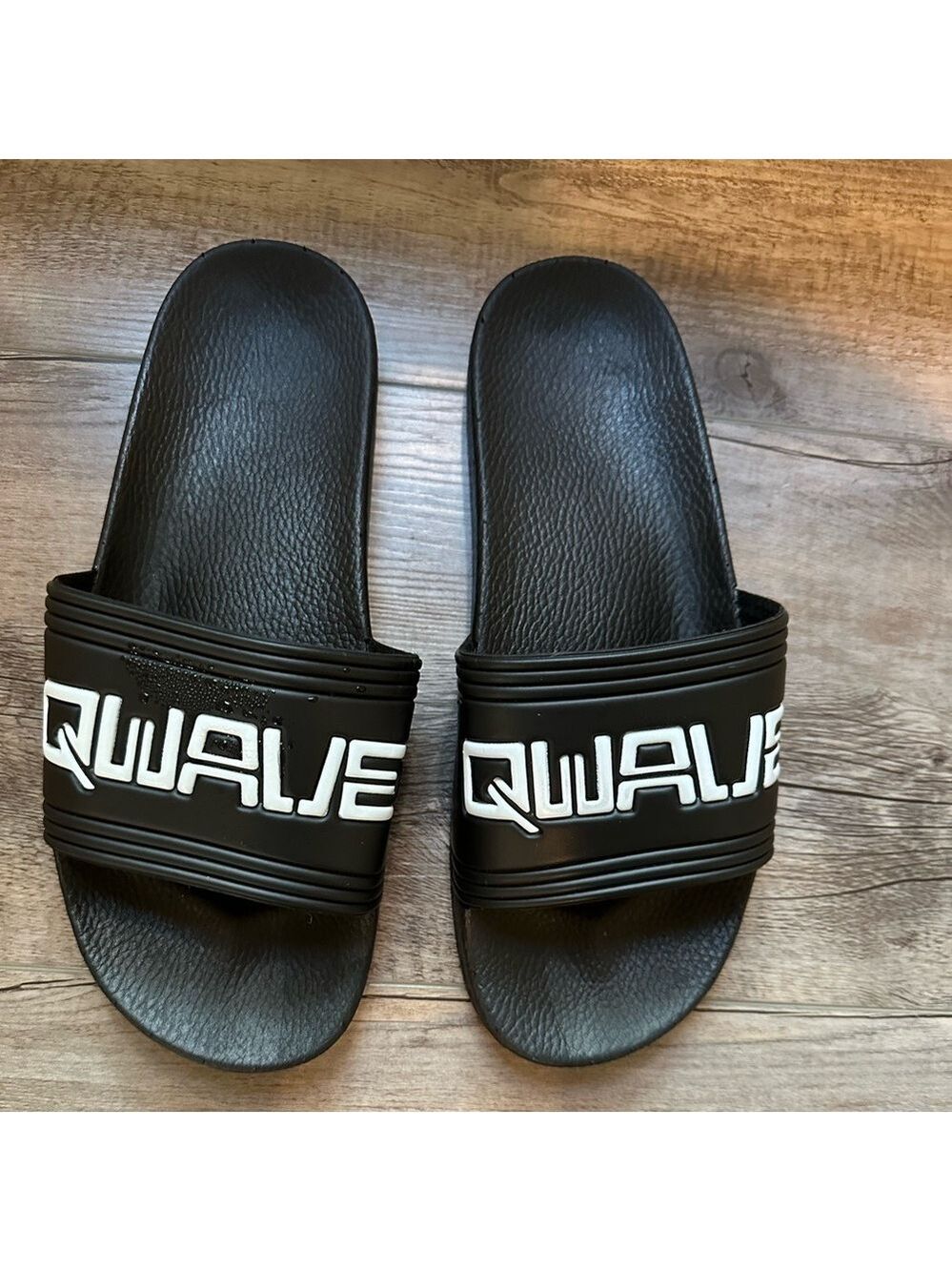Qwave Slide Sandals / Slip on men’s size 12 Rubber foam Black with White letters